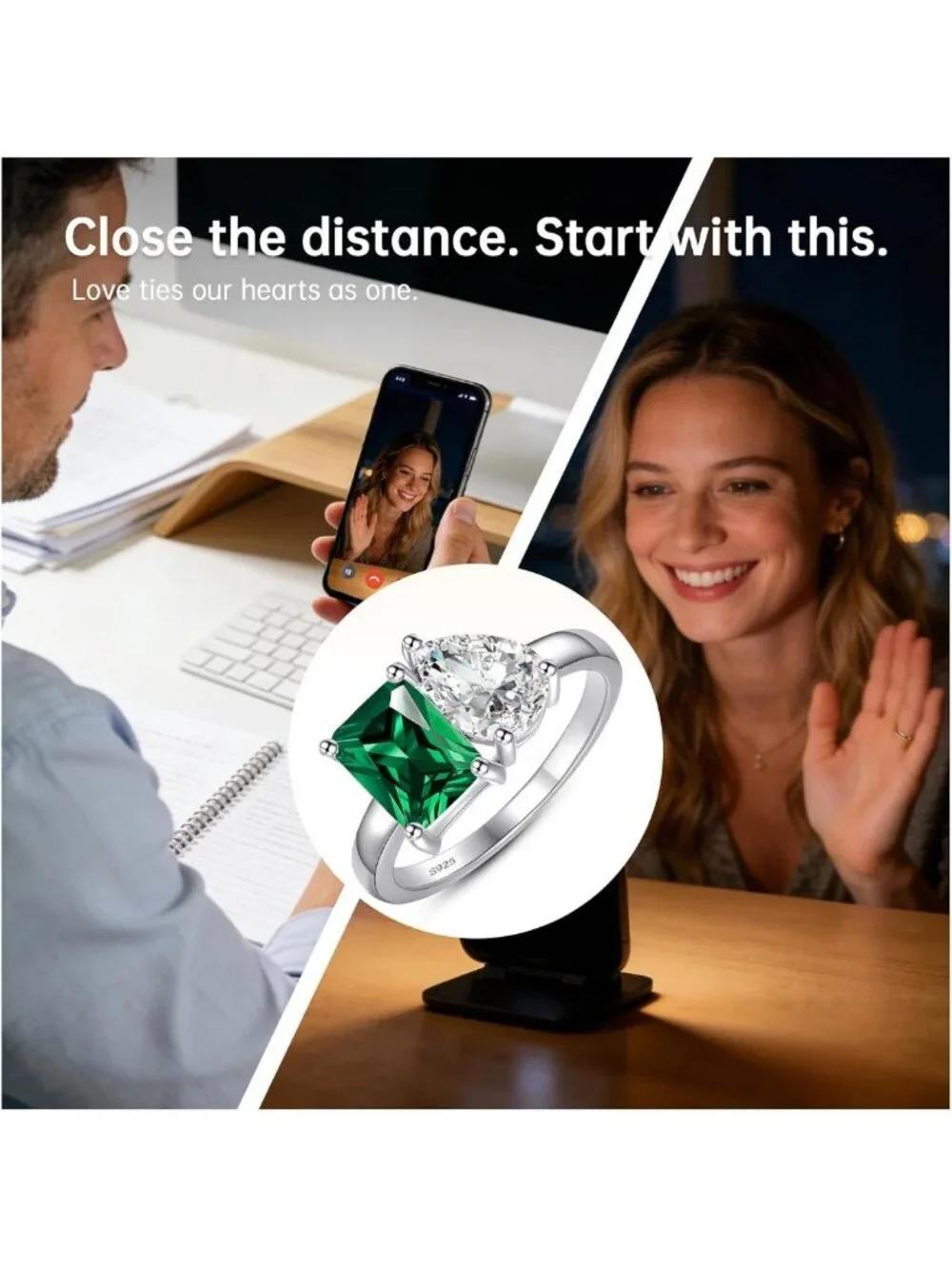 Stunning 2.75ct Toi Et Moi Emerald Engagement Ring in 925 Sterling Silver